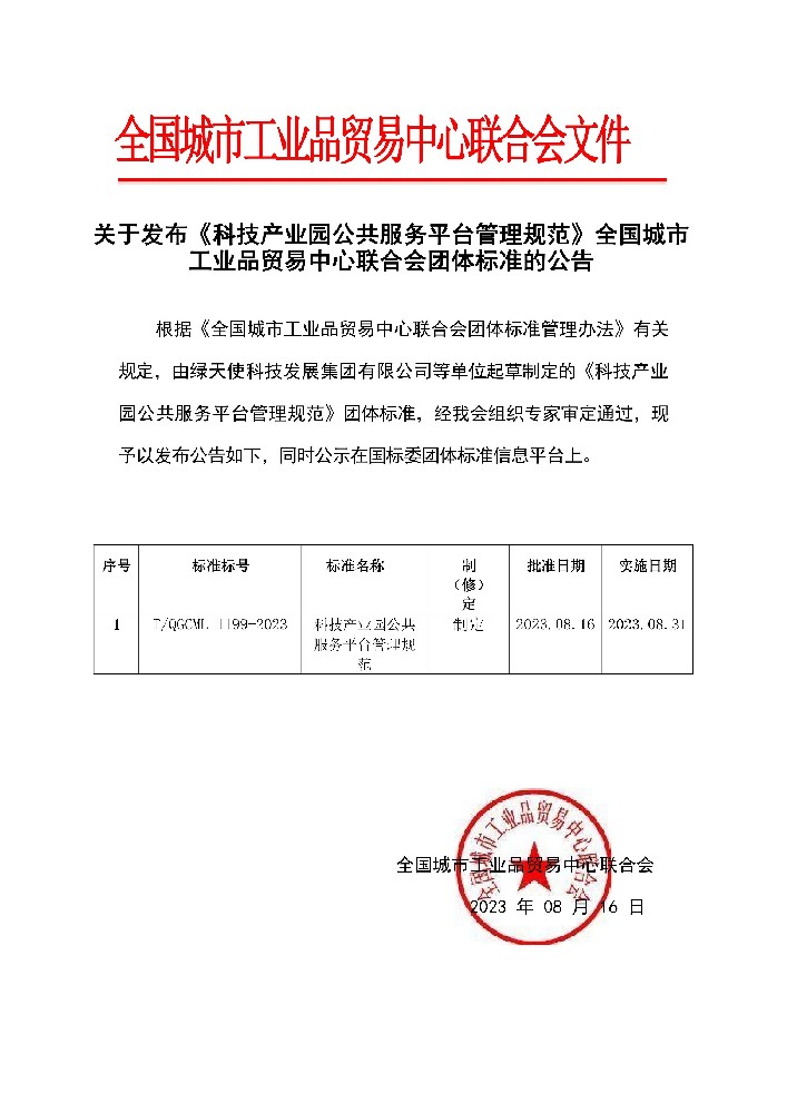 全国城市工业品贸易中心联合会团体标准公告1